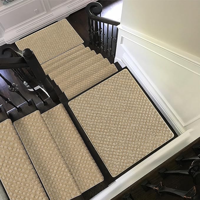 PURE ERA Bullnose Carpet Stair Treads Set Tape Free Non-Slip Indoor Stair Protectors Pet Friendly Rugs 9.5" x 30"(14 Pieces,Khaki Mini-Diamond Trellis)