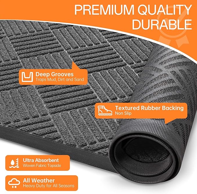 Indoor Outdoor Door Mat, 6’x 2' Doormat for Entryway, Rubber Backing Non Slip Front Door Mat Outside Entrance, Super Absorbent Commercial Floor Mat for Home Office, Gray