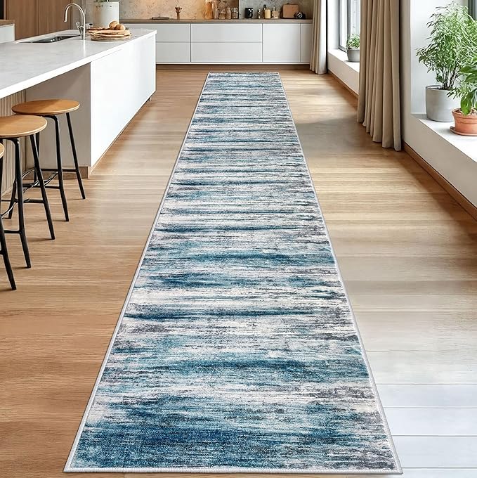 KOZYFLY Modern Abstract Hallway Runner Rug, 2.6x18 Washable Rug Runner Non-Slip Soft Striped Stair Runner Rugs, Print Blue Carpet Runner for Kitchen Entryway Bathroom Laundry Room Foyer
