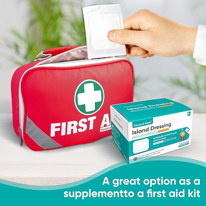 General Medi Sterile Island Dressing Bordered Gauze – 100 Count, 2.4" x 2.75" Gauze Pads, Wound Care Pad with Adhesive Border - Sterile, Soft & Highly Absorbent Medical Grade Dressing Pad