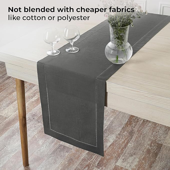 D'Moksha Homes Linen Charcoal Grey Table Runner 84 Inches Long - 100% Pure Linen Table Runner 14 x 84 Inch for Spring, Easter - Classic Hemstitch