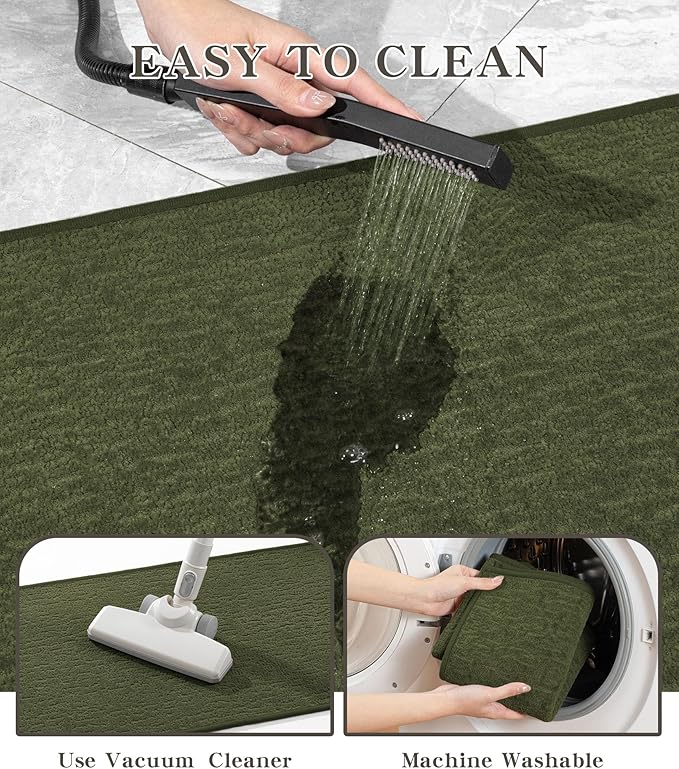 Chakme 3 Piece Bathroom Rug Sets, Ultra Thin Bath Mat, Absorbent & Quick Drying, Non Slip, Durable, Easy to Clean, Geometric, Dark Green, 17" x 24" / 17" x 30" / 17" x 59"