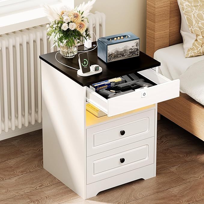 Night Stand with Charging Station,Bedside Table with Gun Drawer,Farmhouse End Table and Nightstand,Small SideTable for Bedroom (White-with Gun Drawer, 1-Pcs)