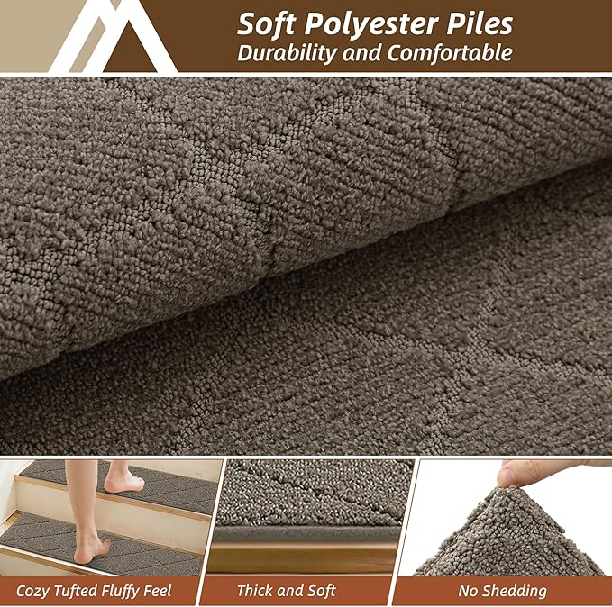 COSY HOMEER Stair Treads for Wooden Steps 9"x28" Washable Indoor Carpet Stair Treads Non Slip Soft Polyester Stair Carpet Tread Reusable Stair Runner Rugs for Kids, Elders,Pets,Light Brown,15pcs