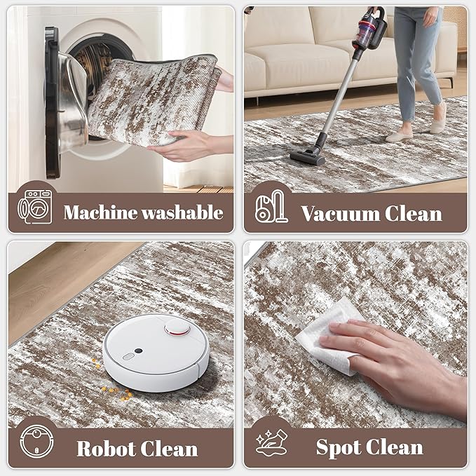 3x5 Area Rug Washable Entryway Rug Non Slip Abstract Tear and Stain Resistance No Pile Lightweight Throw Rugs Carpet for Kitchen, Entrance, Foyer, Bedside, Mudroom, Brown