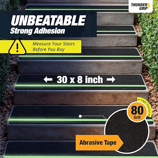 Grip Tape for Stairs 30" x 8" - 12-Pack Glow in the Dark Outdoor Stair Treads Non-Slip Weather Resistant - Anti Slip Tape for Exterior Wooden Steps - Waterproof 80-Grit Adhesive Treads by Thunder Grip
