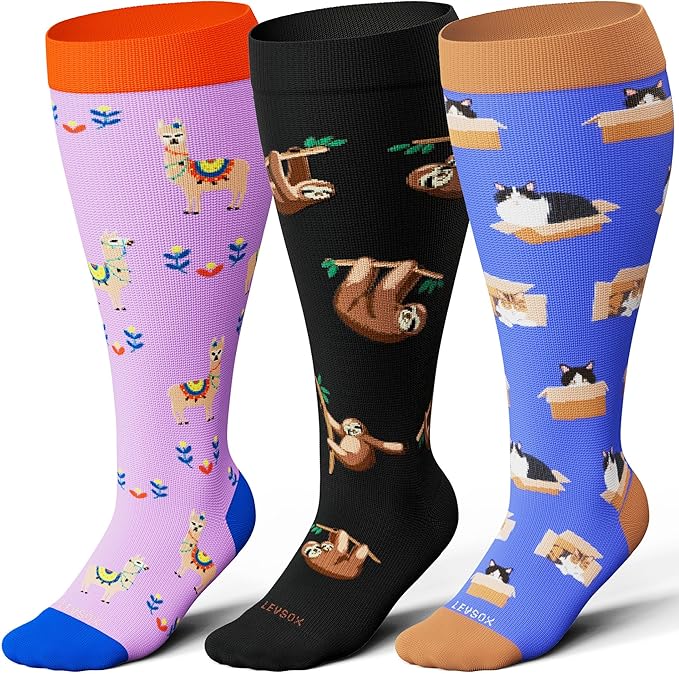 LEVSOX Plus Size Compression Socks for Women Men Wide Calf Extra Large 15-20 mmHg Knee High Sock for Nurses Pregnant Travel