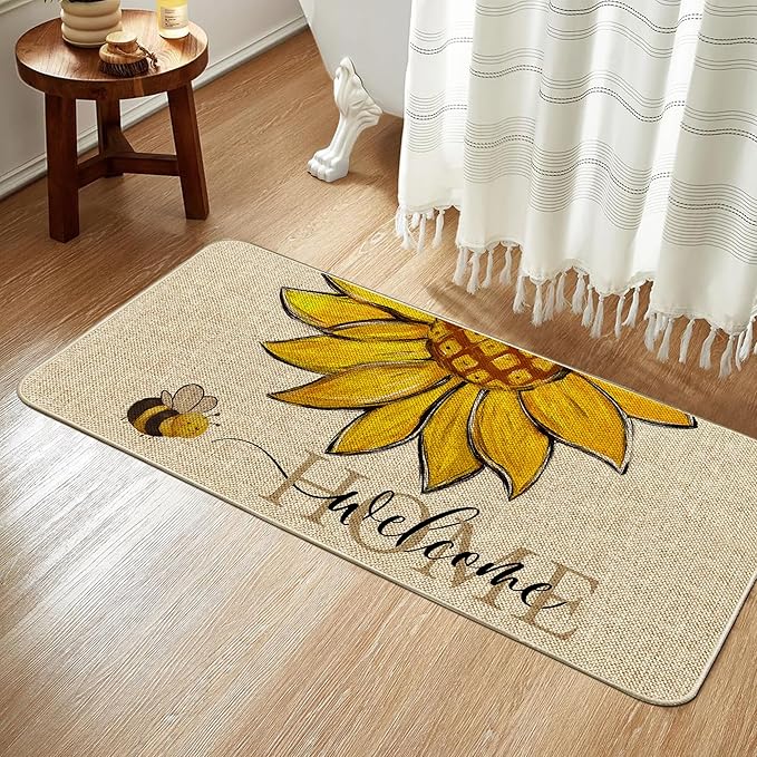 Sunflower Welcome Doormat 17"x36", Non Slip Door Mat Indoor Entrance, Hello Indoor Front Door mat, Spring Summer Outdoor Entrance Mat, Low Profile Design Patio Porch Entryway Mats