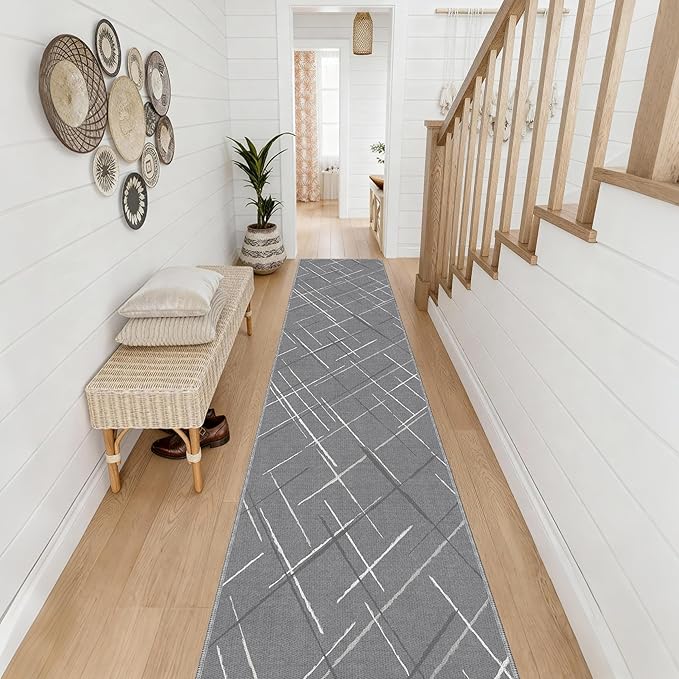 Kitchen Rugs Ultra Non-Slip 2.6x12 Washable Runner Rug Modern Tear and Stain Resistance No Pile Lightweight Runners for Entryway, Hallway, Walkway, Bedside, Entrance, Gray