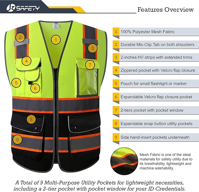 JKSafety 9 Pockets High Visibility Dual Color Zipper Front MESH Lite Safety Vest | Orange Color Triming Reflective Strip | ANSI/ISEA Standards (100-Yellow-Black, L)