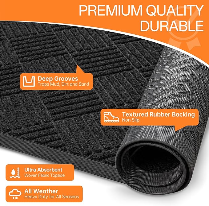 Indoor Outdoor Door Mat, 6’x 3' Doormat for Entryway, Rubber Backing Non Slip Front Door Mat Outside Entrance, Super Absorbent Commercial Floor Mat for Home Office, Black