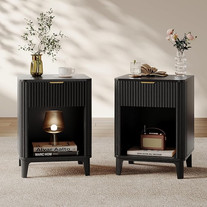 Mid Century Modern Night Stand Set of 2, Large Bedside Table Set of 2 with Drawer and Storage Shelf, Fluted Nightstands Rustic Wood End Table for Living Room Black