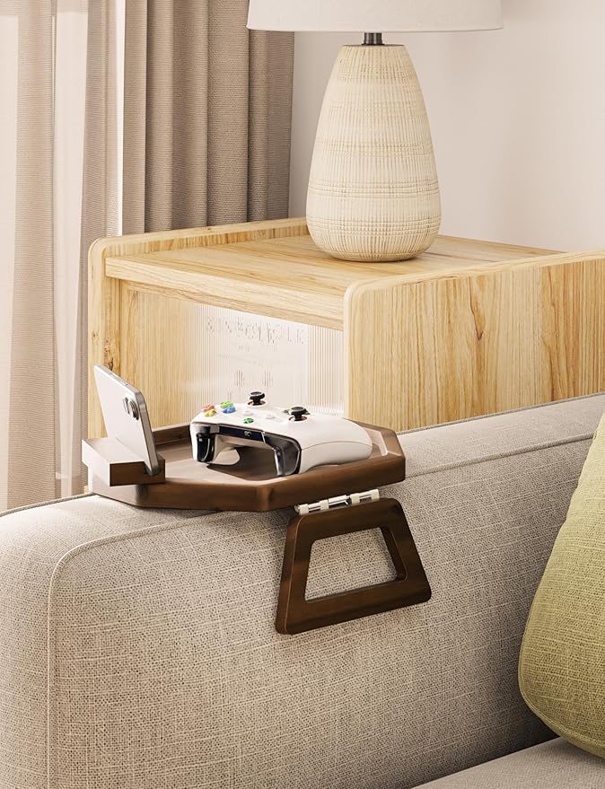 Tinamo Octagonal Acacia Sofa Arm Tray, Couch Armrest Table with Folding Arms - Armchair Caddy, Clip on Tray with Adjustable Arm Hinges for Home Sofa Living Room (Walnut, Octagon Phone Holder)