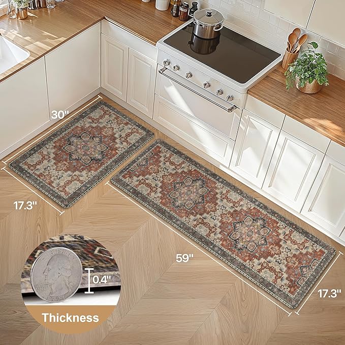 GENIMO Kitchen Mats for Floor 2PCs, Washable Anti Fatigue Mat for Cushioned, 17.3"x59"+17.3"x30", Waterproof Kitchen Rugs, Non Slip Comfort Standing Mat Rug for Home, Sink, Laundry, Bordeaux