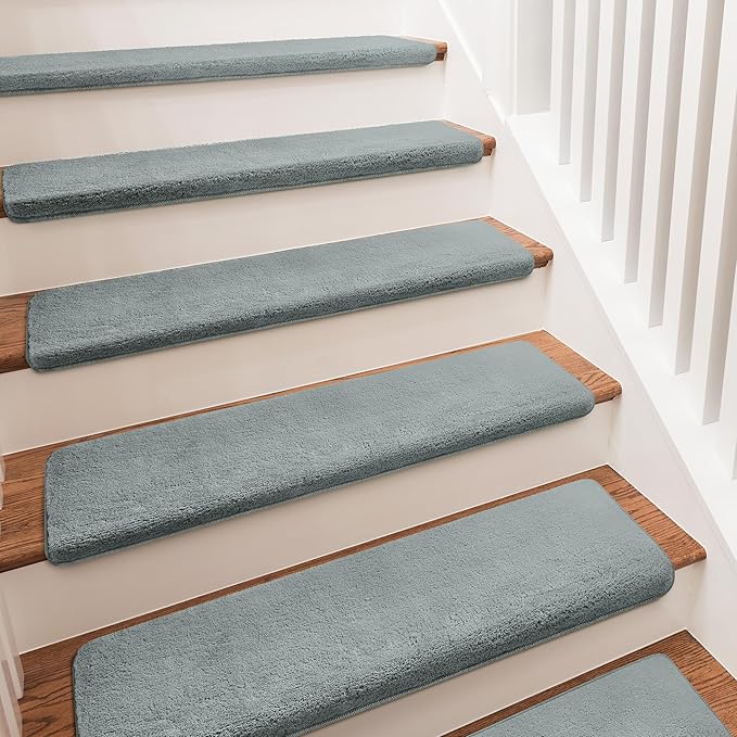 PURE ERA Carpet Stair Treads Ultra Plush 9.5" X 30"Soft Bullnose Indoor Stair Protectors Pet-Friendly Non-Slip Skid Resistant Tape Free Washable Reusable(2 Pieces,Greenish Gray)
