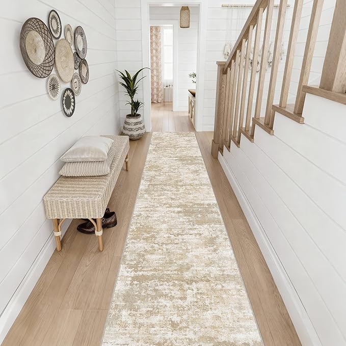 Runners for Hallways Non-Slip 2x10 Long Runner Rugs Washable Abstract Tear and Stain Resistance No Pile Lightweight Modern Rug Runners for Entryway, Kitchen, Walkway, Entrance, Beige/Yellow