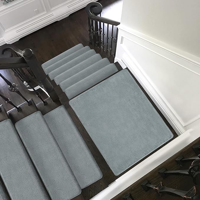 PURE ERA Carpet Stair Treads Ultra Plush 9.5" X 30"Soft Bullnose Indoor Stair Protectors Pet-Friendly Non-Slip Skid Resistant Tape Free Washable Reusable(14 Pieces,Greenish Gray)