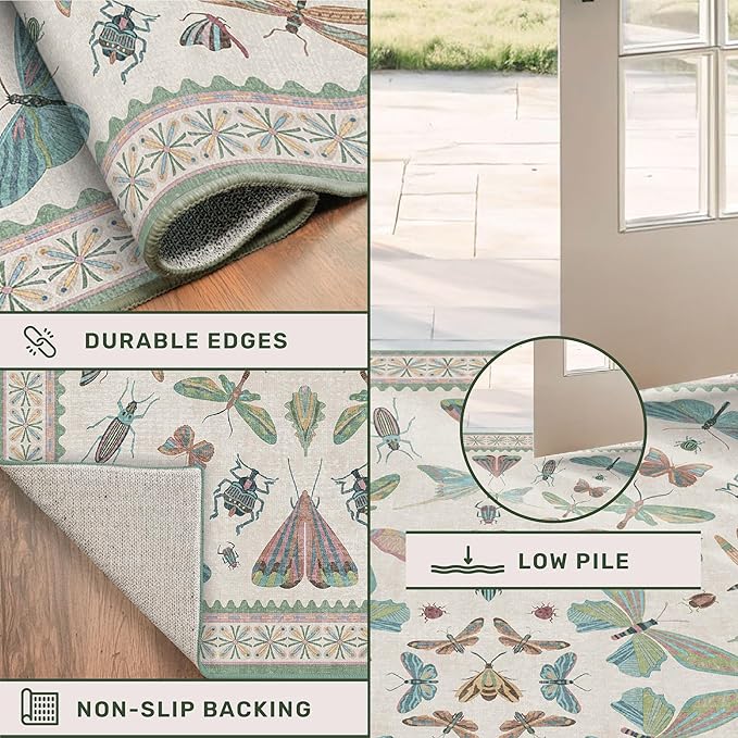 Boho Bathroom Runners - 2x6 Blue and Green Rug for Kitchen, Entry Way, Non Slip Washable Butterfly Insect Print Home Decor