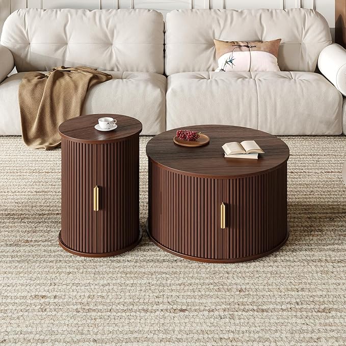 Merax Round Coffee Table Set with Storage, Fluted Center Tables with Sliding Cabinet Door for Living Room, Home, Office, Small Center Table,Walnut