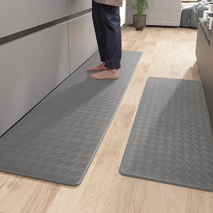 Color&Geometry Anti Fatigue Cushioned Checkered Designed Kitchen Mats Set, Easy Clean, Waterproof & Oil Proof Kitchen Floor Mat, Anti Slip Runner for Front Sink Comfort Standing,17x47+17x71,Grey
