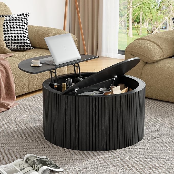 Round Fluted Lift Top Coffee Table, Mid Century Modern Center Table with Storage and Compartment, 2 Tier Small Circle Dining Table, for Living Room, Home Small Space, Black Oak