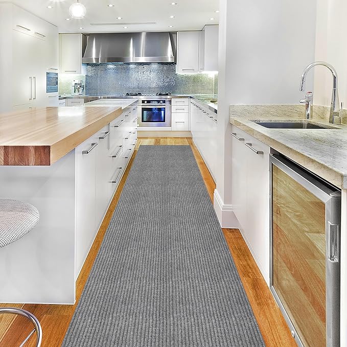 Ottomanson 2' x 24' Hallway Runner with Scraper Pile Extra Durable Non-Slip Rug Mat for Indoor & Outdoor Use - Ideal for Kitchen, Entryway, Patio & Garage - High-Traffic Carpet, Gray