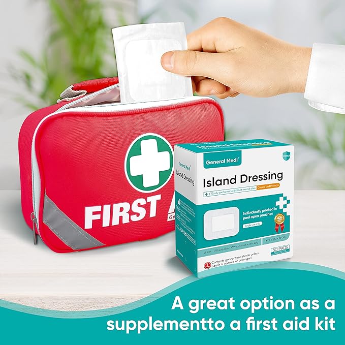 General Medi Sterile Island Dressing Bordered Gauze – 50 Count, 4" x 4" Gauze Pads, Wound Care Pad with Adhesive Border - Sterile, Soft & Highly Absorbent Medical Grade Dressing Pad