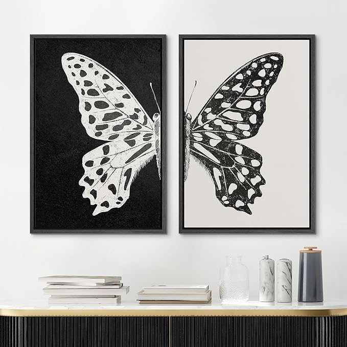 MUDECOR Framed Canvas Wall Art Black and White Butterfly Prints Minimalist Modern Art Boho Wall Decor for Bedroom - 24"x36"x2 Black