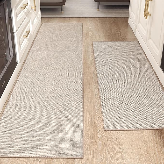 Color&Geometry 2PCS Kitchen Rugs and Mats Non Slip Washable, Absorbent Kitchen Runner, Easy to Clean Kitchen Floor Mats for in Front of Sink, Laundry Room, Hallway, 17"x47"+17"x71", Beige