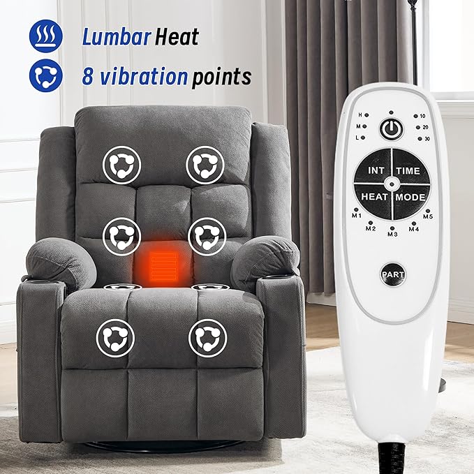 Swivel Recliner Chair for Adults with Massage and Heating,Manual Glider Rocking Recliner Chair with Cup Holds and Pockets,Reclining Rocker Chairs for Living Room Bedroom R8811 (Darkgrey)