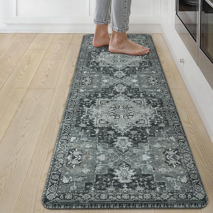 GENIMO Kitchen Mats for Floor, Washable Anti Fatigue Mat for Cushioned, 17.3"x59", Waterproof Kitchen Rugs, Non Slip Foam Comfort Standing Mat Rug for Home, Runner, Sink, Laundry, Dark Gray