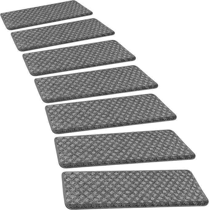 PURE ERA Bullnose Carpet Stair Treads Set Tape Free Non-Slip Indoor Stair Protectors Pet Friendly Rugs9.5" x 30"(7 Pieces,Grey Mini-Diamond Trellis)