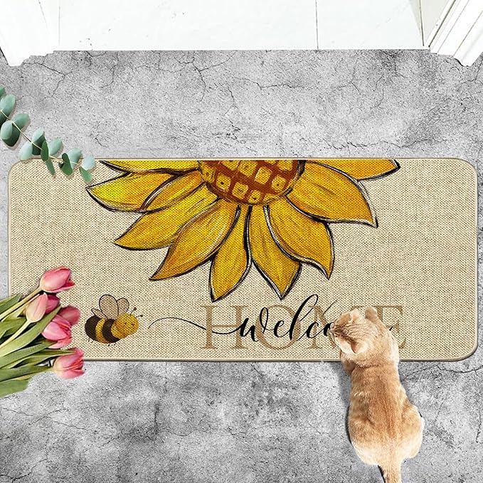 Sunflower Welcome Doormat 17"x36", Non Slip Door Mat Indoor Entrance, Hello Indoor Front Door mat, Spring Summer Outdoor Entrance Mat, Low Profile Design Patio Porch Entryway Mats