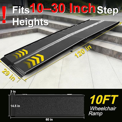 10 Feet Portable Wheelchair Ramp with Sopport Legs, Black Seamless Non-Slip Aluminum Folding Handicap Ramp,Threshold Ramp for Doorways, Wheel Chair Ramp for Home Steps,Loading Dock Plates