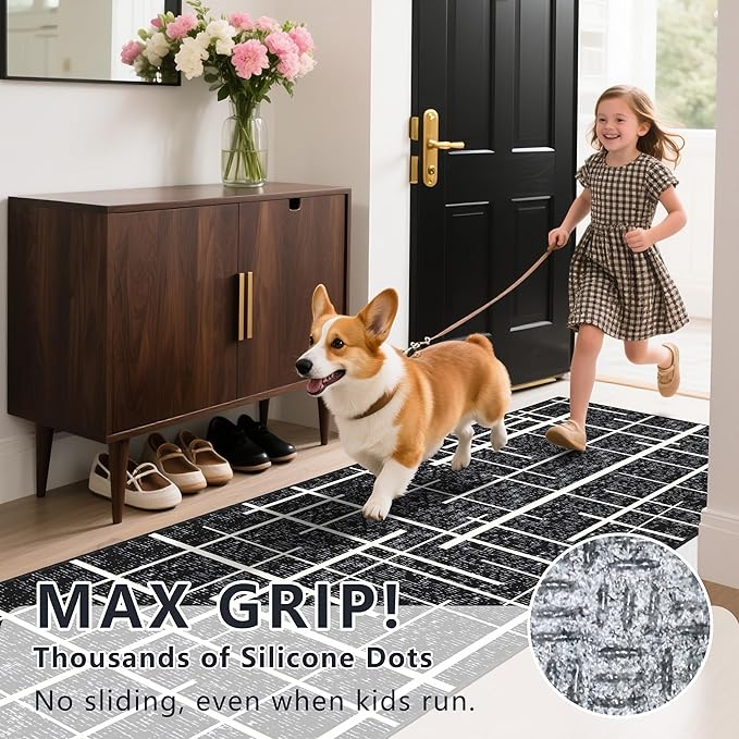 Non Slip Hallway Runner Rug 2x8,Modern Distressed Stripe, Washable Long Rug, Woven Thin Low Pile Carpet Runners for Hallway 10ft Entryway, Kitchen, Walkway- Midnight Black