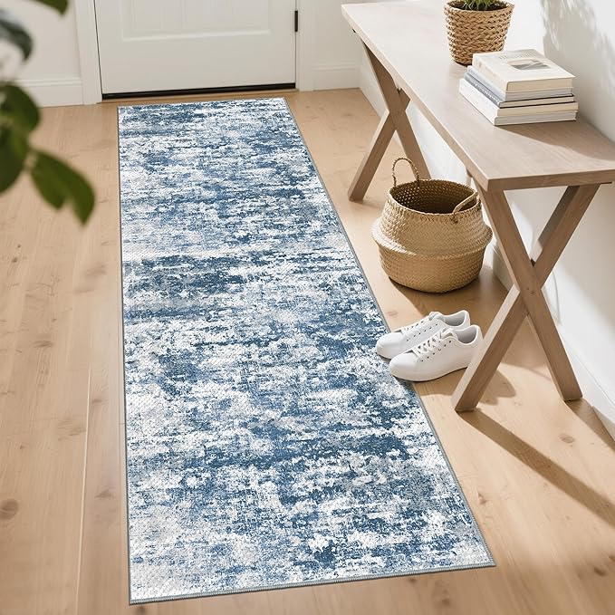 Abstract Washable Runner Rug 2x6, Blue Non-Slip Hallway Rug, Woven Non-Shedding Thin Runners for Entryway, Kitchen, Laundry Room