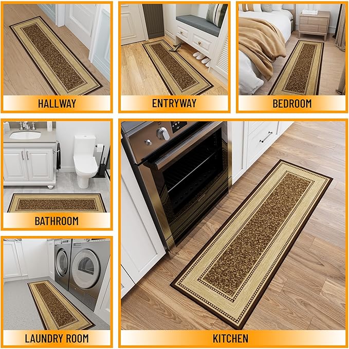 Ottomanson Hallway Runner Rug 20" x 59" Non Slip Border Area Rugs Easy to Clean Laundry Rug Runner Durable & Pet Friendly Floor Carpet Runners for Hallways Entryway Living Room Kitchen, Brown