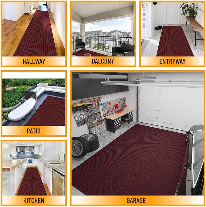 Ottomanson 2'7" x 14' Hallway Runner with Scraper Pile Extra Durable Non-Slip Rug Mat for Indoor & Outdoor Use - Ideal for Kitchen, Entryway, Patio & Garage - High-Traffic Carpet, Red