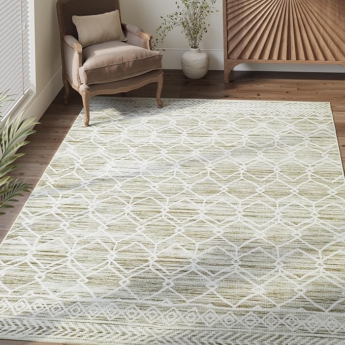 jinchan Moroccan 5x7 Area Rugs for Bedroom - Machine Washable Soft Modern Geometric Stain Resistant Non-Slip Ultra-Thin Low-Pile Carpet for Living Room Kitchen Dining Room (5x7ft, Taupe)