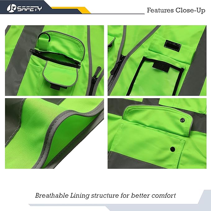 JKSafety 9 Pockets Class 2 High Visibility Zipper Front Safety Vest With Reflective Strips, Meets ANSI/ISEA Standards (Medium, 150-Green)