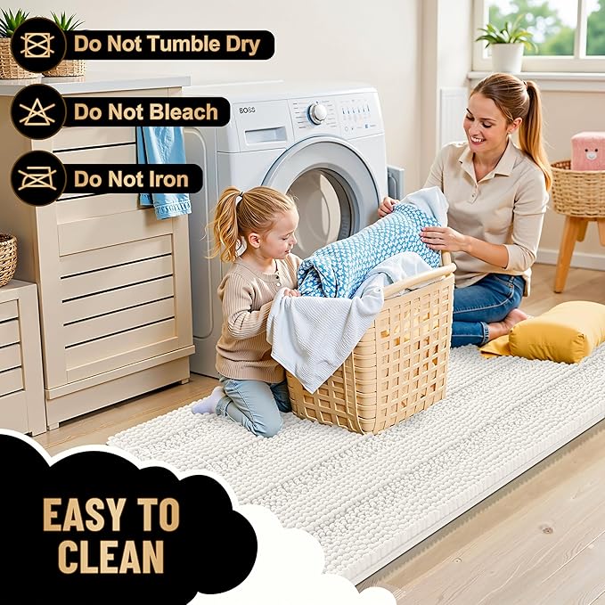 OLANLY Thick Toilet Rugs U-Shaped 24x20, Extra Soft Absorbent Chenille Striped Contour Bathroom Rugs for Toilet, Dry Quickly, Machine Washable, Non-Slip Bath Mat, Ivory