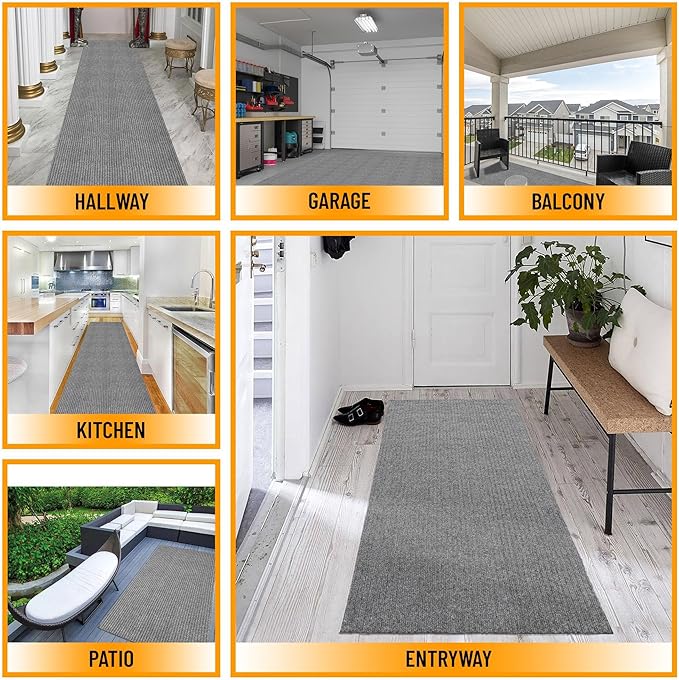 Ottomanson 2' x 46' Hallway Runner with Scraper Pile Extra Durable Non-Slip Rug Mat for Indoor & Outdoor Use - Ideal for Kitchen, Entryway, Patio & Garage - High-Traffic Carpet, Gray