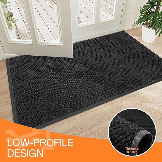 Indoor Outdoor Door Mat, 6’x 2' Doormat for Entryway, Rubber Backing Non Slip Front Door Mat Outside Entrance, Super Absorbent Commercial Floor Mat for Home Office, Black