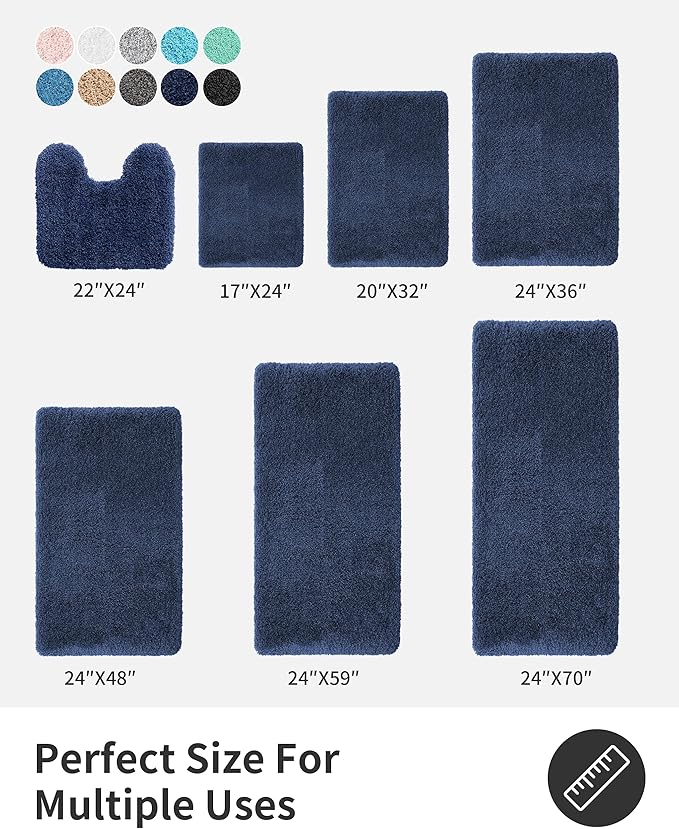ILANGO Navy Blue Bathroom Rugs 30" × 20" Non Slip & Super Absorbent Extra Thick Soft, Washable Bath Mat for Floor, Microfiber Plush Shaggy Bath Rug with Rubber for Bathtub Shower Room Sink