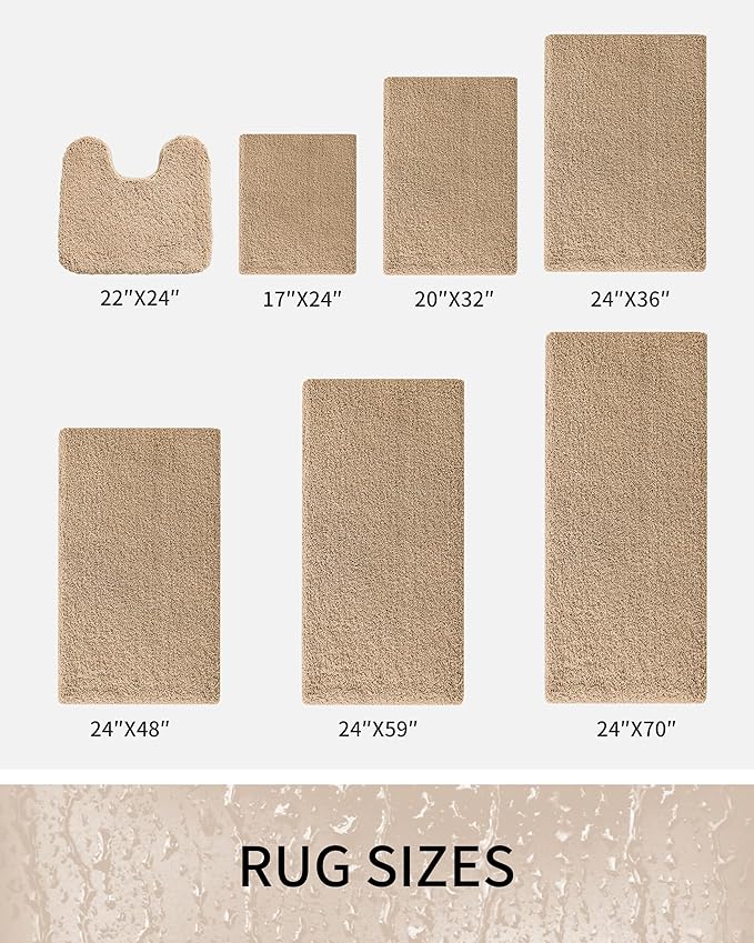 Bathroom Rugs, Ultra Thick Shaggy Soft Microfiber Absorbent Bath Rug, High Density Foam Latex Non Slip Backing, Machine Washable Bath Mats for Bathroom Floor & Sink 24x17, Beige