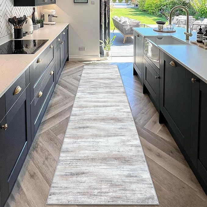 KOZYFLY Modern Abstract Runners for Hallways 2x10 Washable Rug Runner Non-Slip Soft Striped Kitchen Runner Rugs, Beige Print Carpet Runner for Entryway Bathroom Laundry Room Foyer