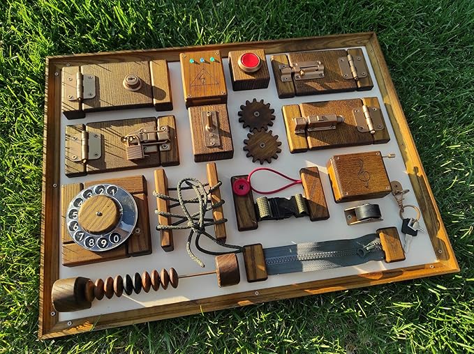 Dementia activity board, wall sensory board for adults, senior busy board, latch board for dementia and Alzheimer patients, rehab tool for care homes and memory centers (with personalized blocks, red)