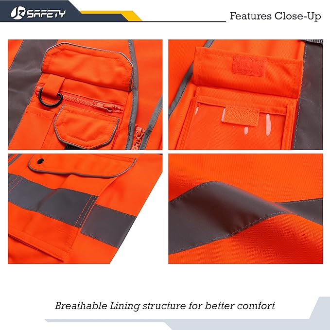 JKSafety 9 Pockets Class 2 High Visibility Zipper Front Safety Vest With Reflective Strips, Meets ANSI/ISEA Standards (150-Orange M)