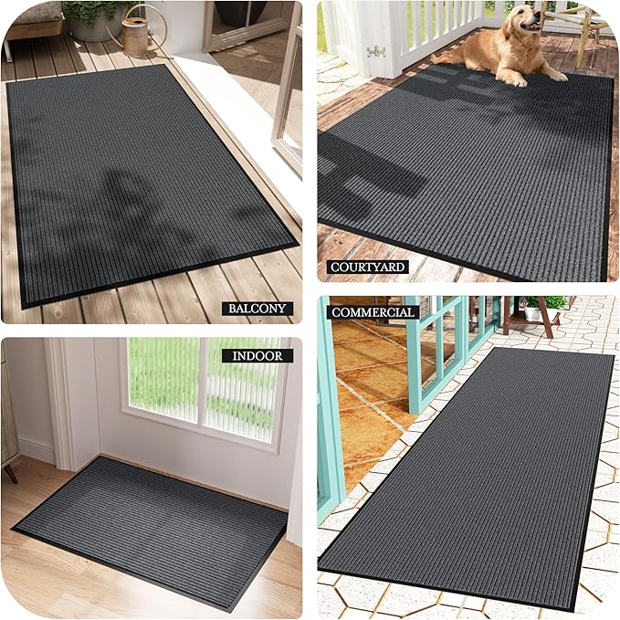 Front Door Mat, 3' x 10' Commercial Door Mat Outside Entrance, Heavy Duty Welcome Mats, Absorbent & Dirt Resistant, Non-Slip Extra Large Doormats, Door Rugs for Entryway Indoor Outdoor, Grey