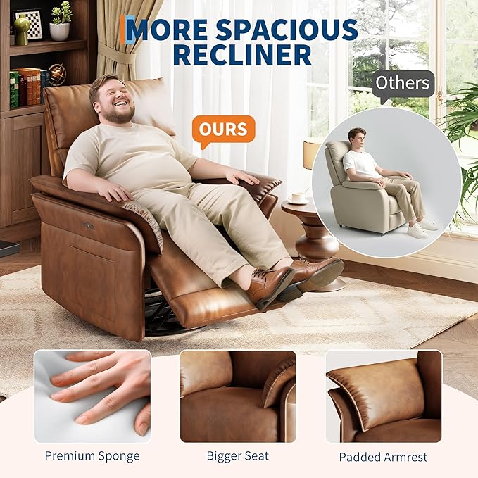 IDEALHOUSE Power Recliner Chair with Side Pockets, 270° Swivel & Glider, USB Charging Port, PU Leather, Thickened Dual-Layer Armrests, Modern Recliner for Living Room, Bedroom (Power Orange)